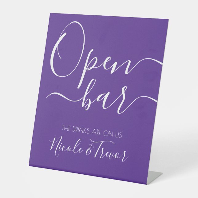 YOUR NAMES: Simple Calligraphy Open Bar Wedding Pedestal Sign (Front)