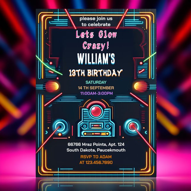 your neon Glow arcade gun Laser Tag 13th Birthday Invitation (Creator Uploaded)