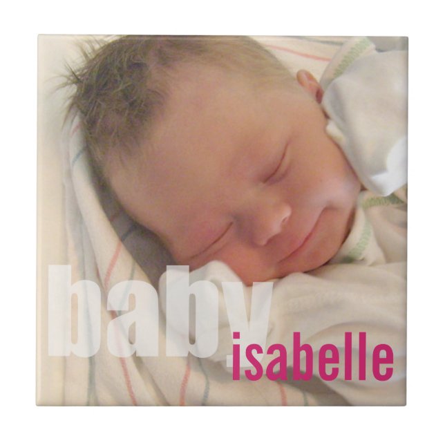 Your newborn baby girl photo keepsake pink name tile (Front)