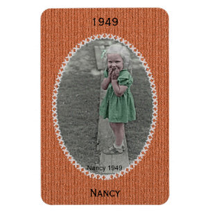 Your Oval Photo Name, Date - Orange Knit Pattern Magnet