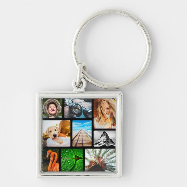 Your Own 9 Photo Collage Framed Black Key Ring (Front)