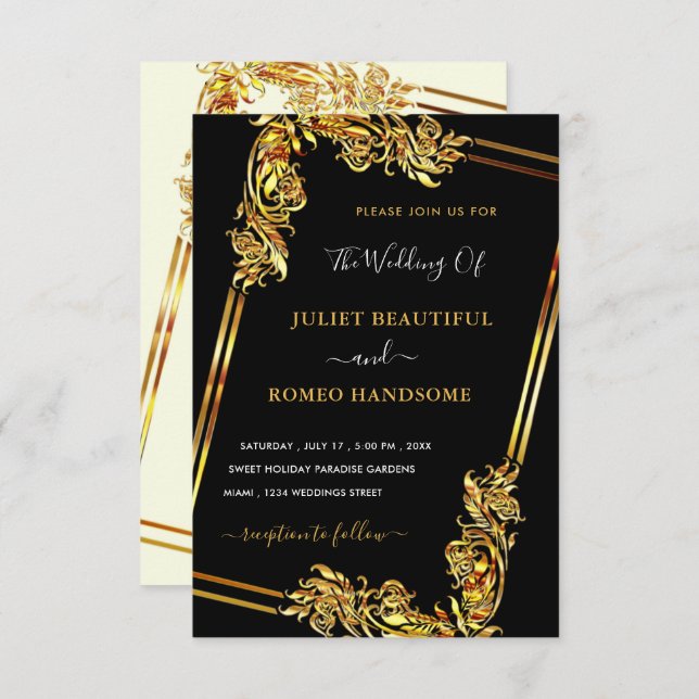 Your Own Design Art Black Gold Wedding Invitation (Front/Back)