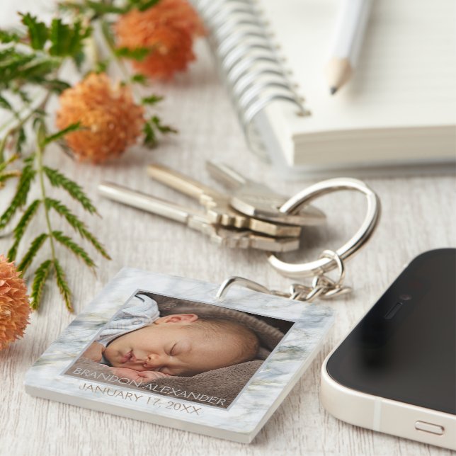 Your Personalised Elegant Blue Grey Marble Pattern Key Ring (Front Right)