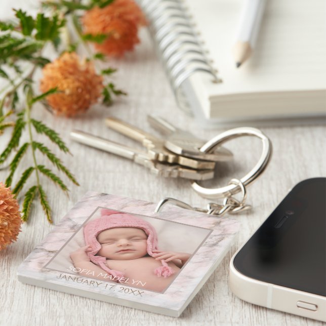 Your Personalised Elegant Pink Grey Marble Pattern Key Ring (Front Right)