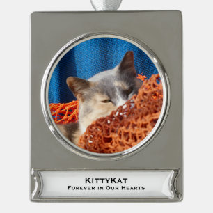 YOUR Pet Cat or Dog PHOTO, Name, Silver Plated Banner Ornament