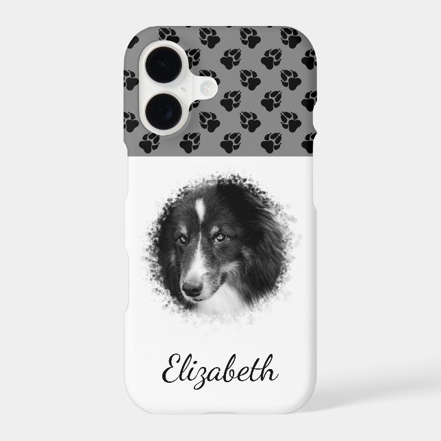Your Pet Photo & Black Paws On Grey & Custom Name (Back)