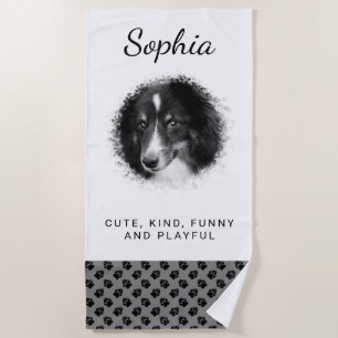 Your Pet Photo & Black Paws On Grey & Custom Text Beach Towel