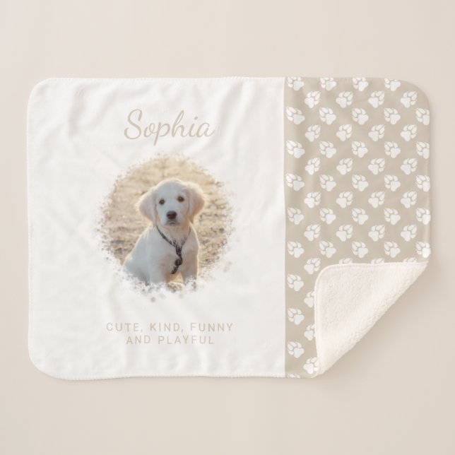Your Pet Photo & White Paws On Beige & Custom Text Sherpa Blanket (Front (Horizontal))