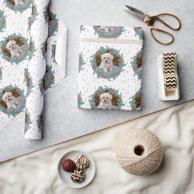 Your Pet's Photo in Christmas Wreaths Wrapping Paper (Crafts)