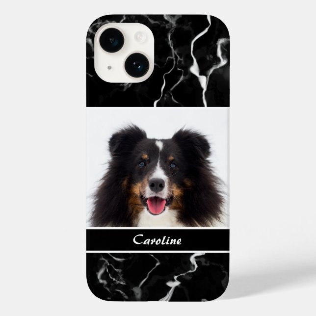 Your Pet's Photo On Faux Black Marble & Name Case-Mate iPhone Case (Back)