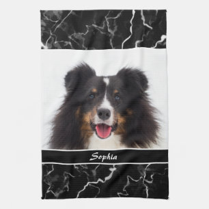 Your Pet's Photo On Faux Black Marble & Name Tea Towel