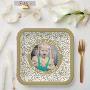 Your Photo 100 Random Number Pattern Gold/white Paper Plate