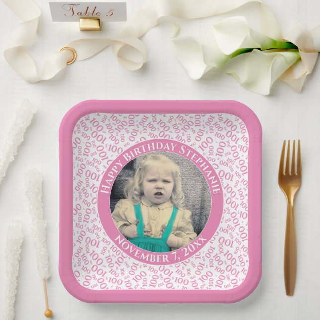 Your Photo 100 Random Number Pattern Pink/White  Paper Plate (Wedding)