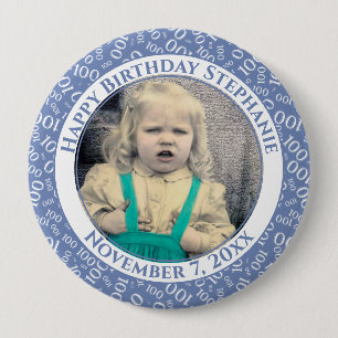 Your Photo 100th Birthday Number Pattern Blue 10 Cm Round Badge