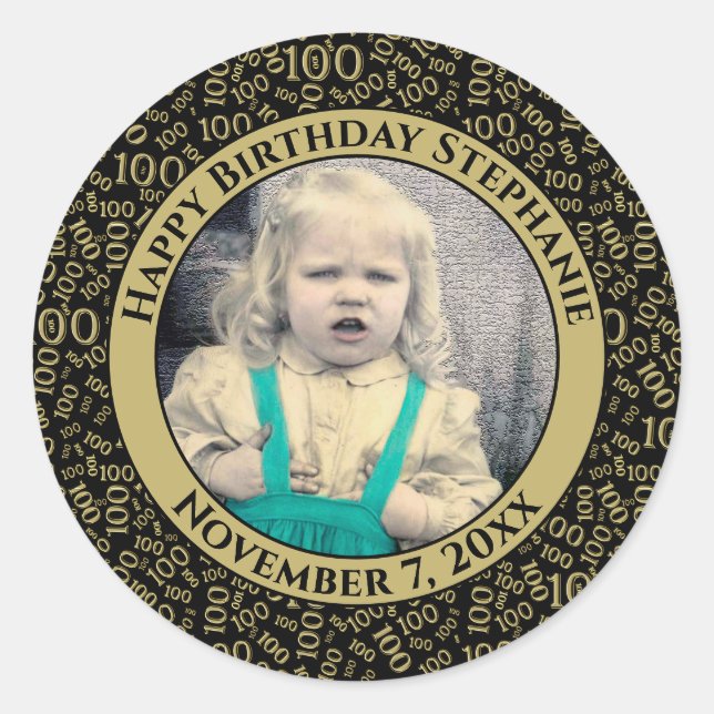 Your Photo 100th Birthday Pattern | Black/Gold Classic Round Sticker (Front)