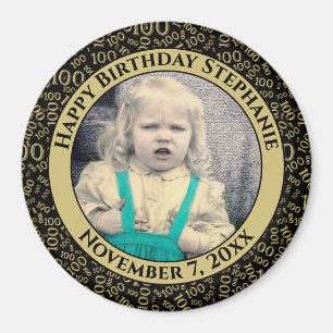Your Photo 100th Birthday Pattern Black/Gold Magnet