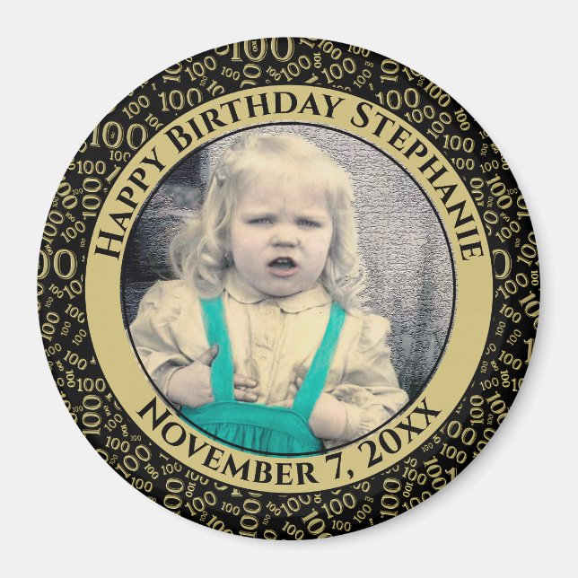 Your Photo 100th Birthday Pattern Black/Gold Magnet (Front)