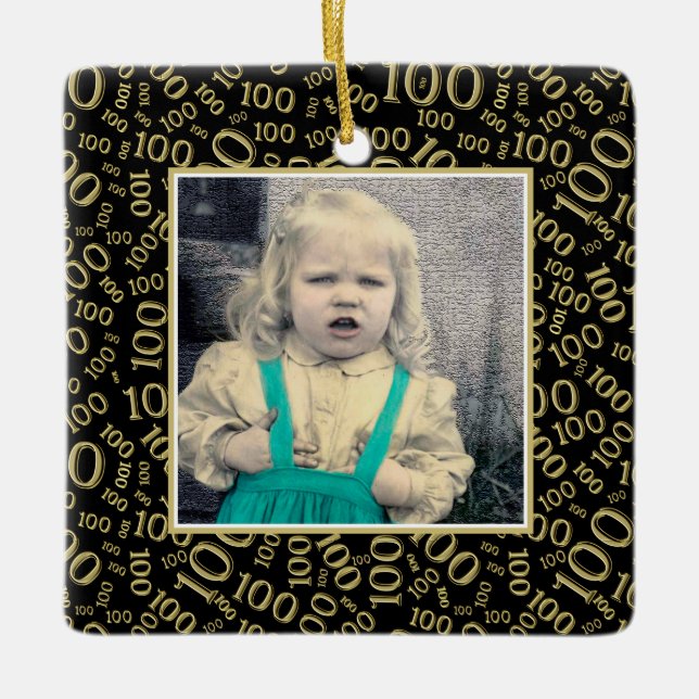 Your Photo:  100th Number Pattern Gold and Black Ceramic Ornament (Front)