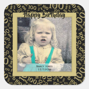 Your Photo:  100th Number Pattern Gold and Black Square Sticker