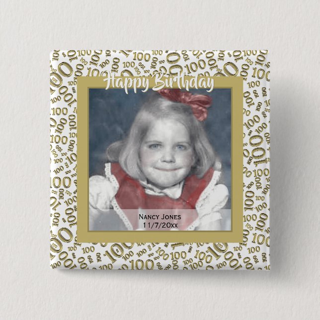 Your Photo 100th Random Number Pattern Gold/White 15 Cm Square Badge (Front)