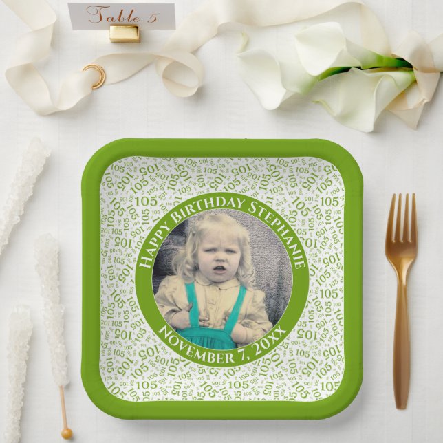 Your Photo 105 Random Number Pattern Green/White  Paper Plate (Wedding)