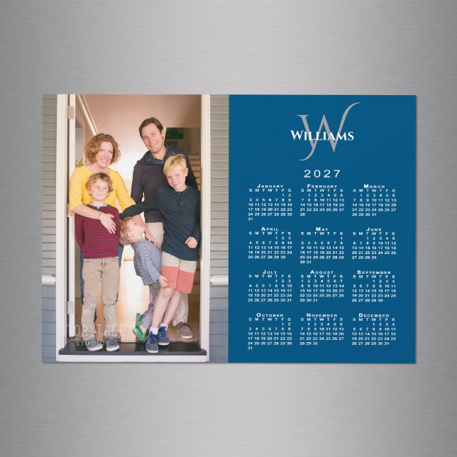 Your Photo 2027 Calendar Monogram Name Blue Magnet (Your Photo 2027 Calendar Monogram Name Blue Magnet in situ)