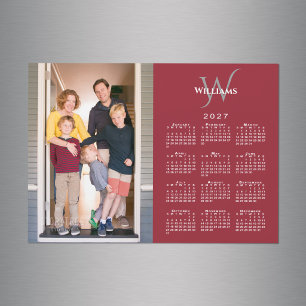 Your Photo 2027 Calendar Monogram Name Red Magnet