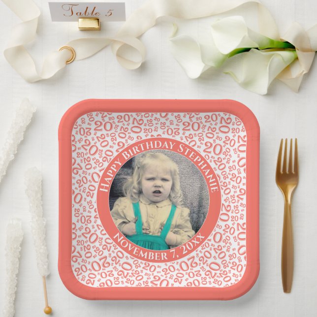 Your Photo 20 Random Number Pattern Coral/White  Paper Plate (Wedding)