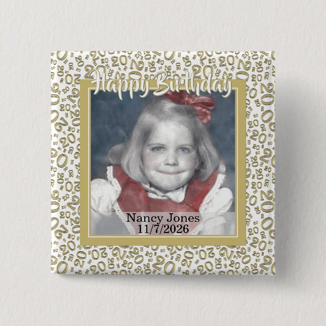Your Photo 20 Random Number Pattern Gold/White 15 Cm Square Badge (Front)