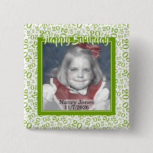 Your Photo 20 Random Number Pattern Green/White 15 Cm Square Badge (Front)