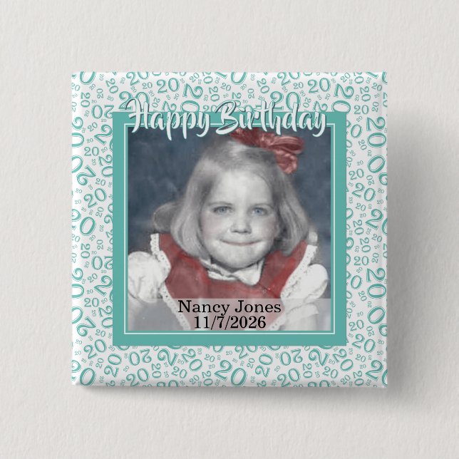 Your Photo 20 Random Number Pattern Teal/White 15 Cm Square Badge (Front)