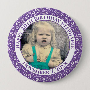 Your Photo   20th Birthday Random Number Purple 10 Cm Round Badge