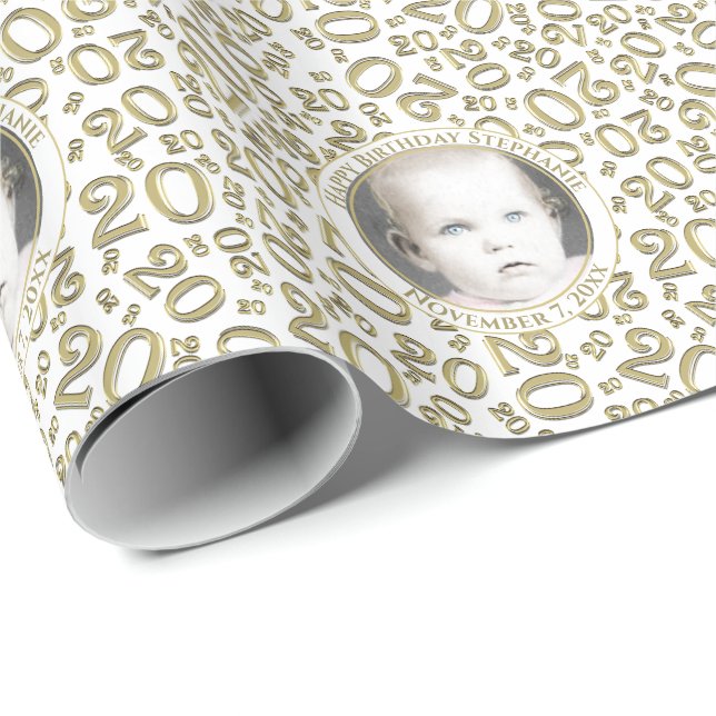 Your Photo | 20th White/Gold Random Number Wrapping Paper (Roll Corner)