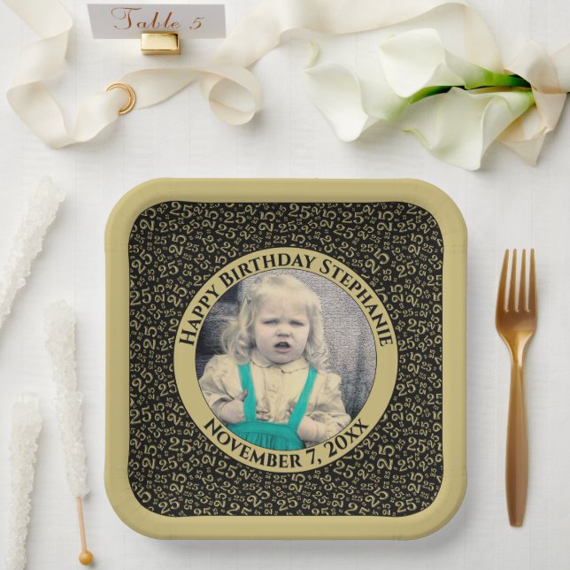 Your Photo 25 Random Number Pattern Black/Gold  Paper Plate (Wedding)