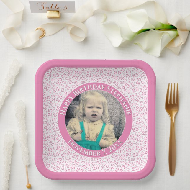 Your Photo 25 Random Number Pattern Pink/White  Paper Plate (Wedding)