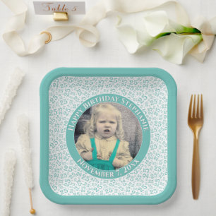 Your Photo 25 Random Number Pattern Teal/White Paper Plate