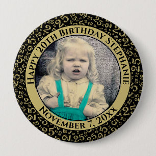 Your Photo 25th Birthday Number Pattern Black/Gold 10 Cm Round Badge