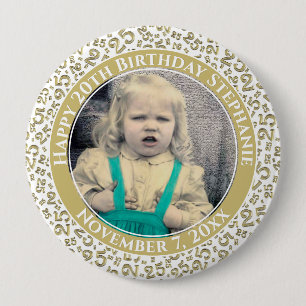 Your Photo 25th Birthday Number Pattern Gold/White 10 Cm Round Badge
