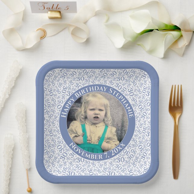 Your Photo 30 Random Number Pattern Blue/White  Paper Plate (Wedding)