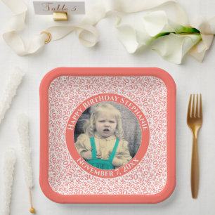 Your Photo 30 Random Number Pattern Coral/White Paper Plate