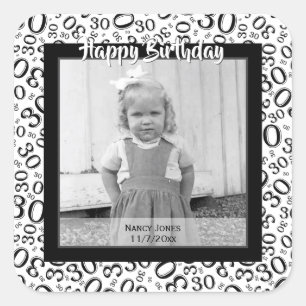 Your Photo:  30th Number Pattern Black and White Square Sticker