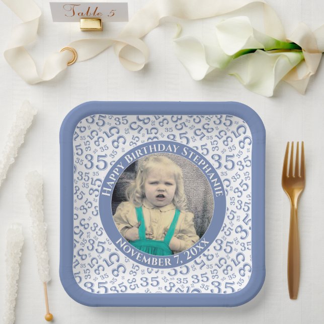 Your Photo 35 Random Number Pattern Blue/White  Paper Plate (Wedding)