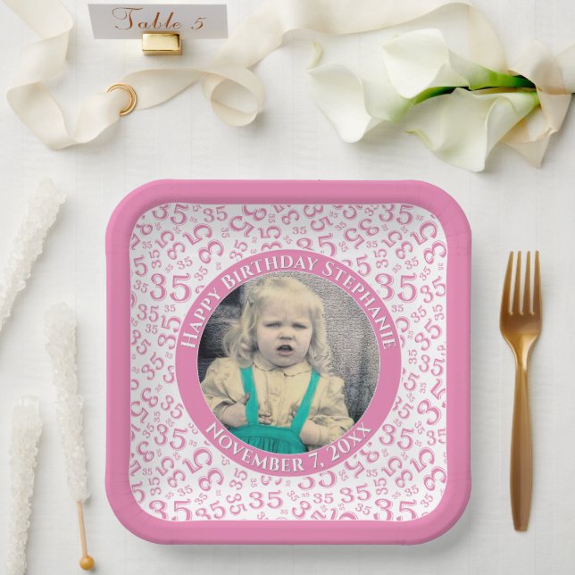 Your Photo 35 Random Number Pattern Pink/White  Paper Plate (Wedding)