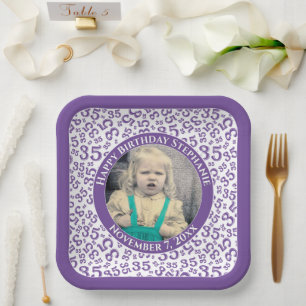 Your Photo 35 Random Number Pattern Purple/White Paper Plate