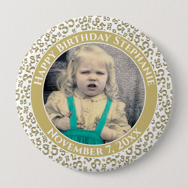Your Photo 35th Birthday Number Pattern | Gold 10 Cm Round Badge (Front)