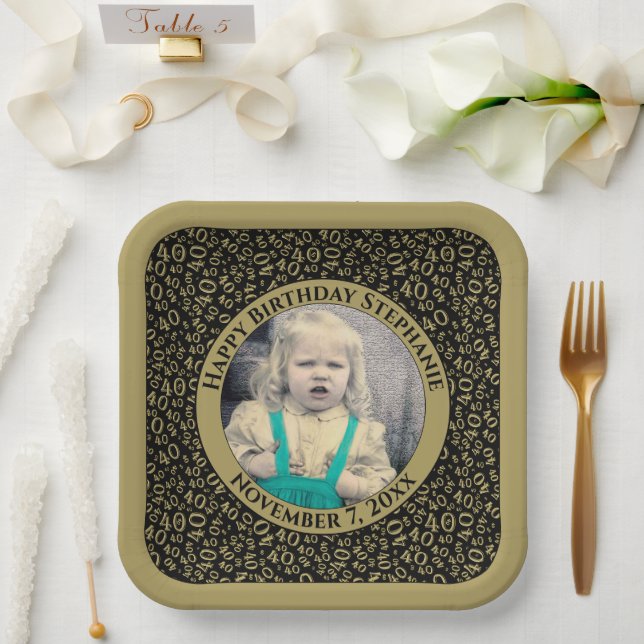 Your Photo 40 Random Number Pattern Black/Gold  Paper Plate (Wedding)