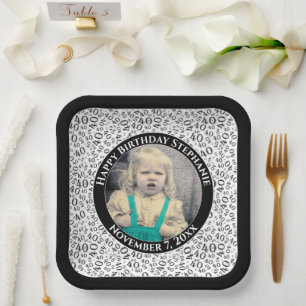 Your Photo 40 Random Number Pattern Black/White  Paper Plate