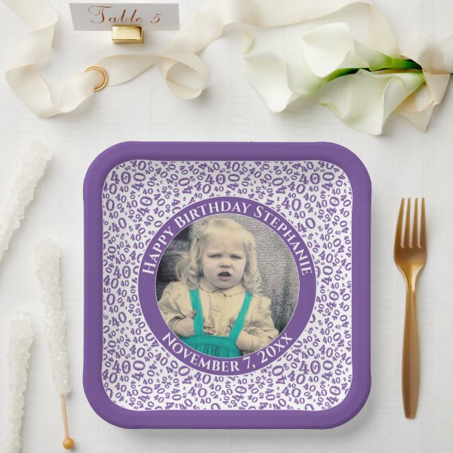 Your Photo 40 Random Number Pattern Purple/White  Paper Plate (Wedding)