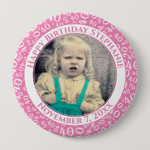 Your Photo 40th Birthday Number Pattern Pink 10 Cm Round Badge