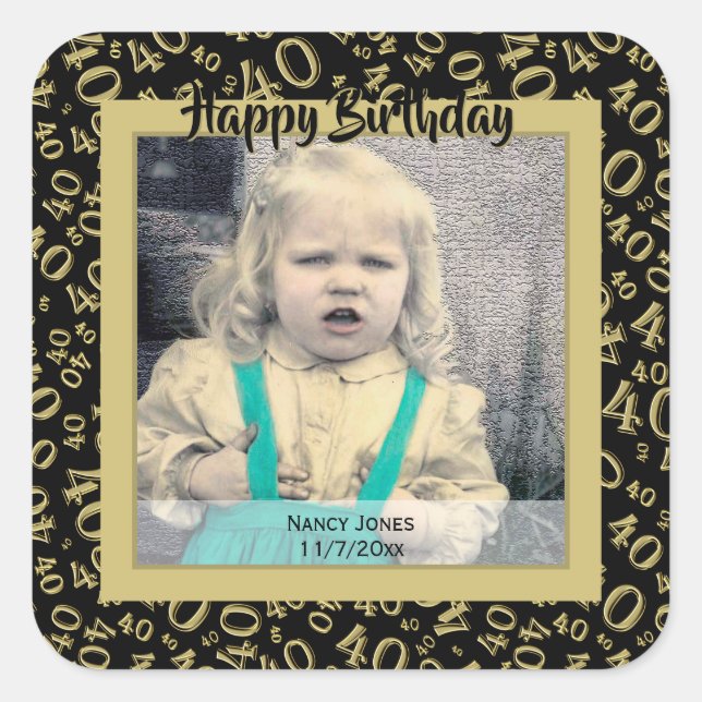 Your Photo:  40th Number Pattern Gold and black Square Sticker (Front)